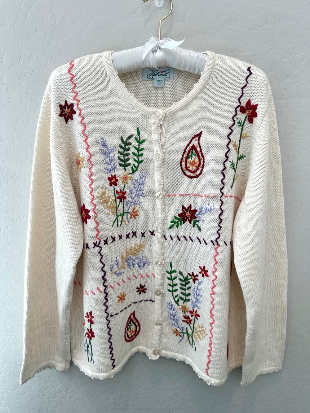 HABAND Vintage 90s Cream Floral Embroidered Cardigan Cottagecore Sweater Large
